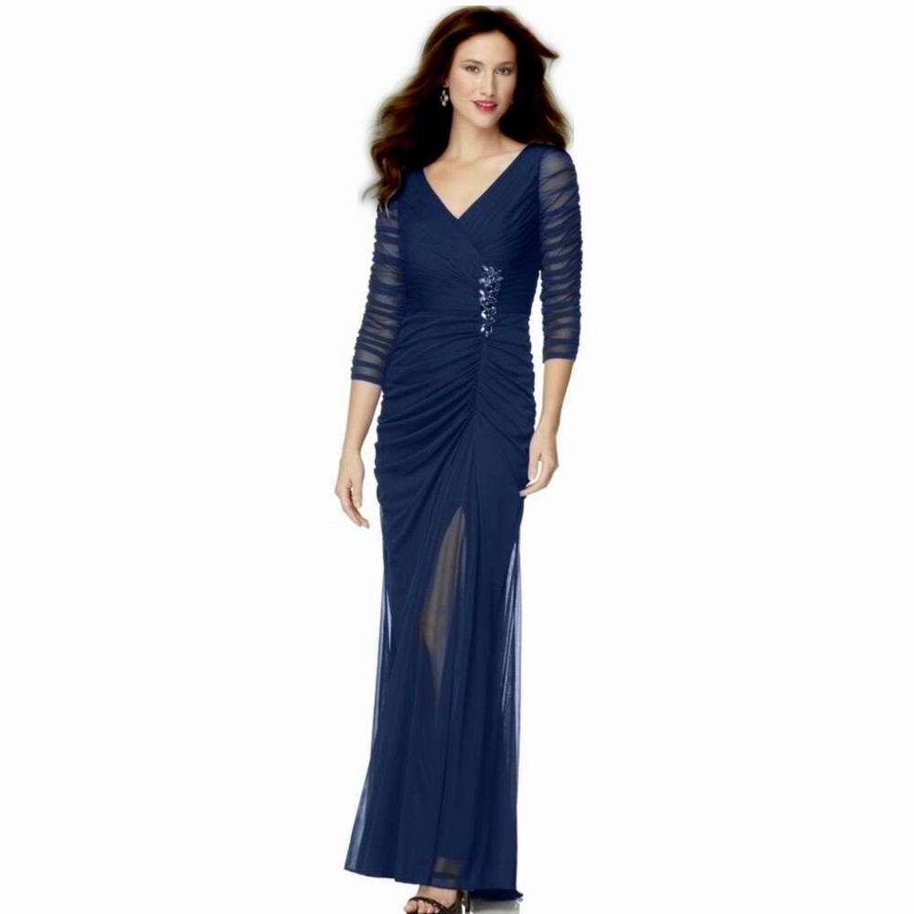 ADRIANNA PAPELL Navy Gown Dress Ruched 3/4 Sleeve I Ink Blue Floor Length I Sz 4
